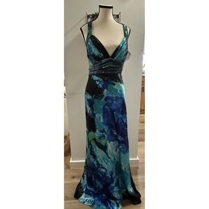 NV Couture Blue Sequin Open Back Evening Gown, Size 12 Strappy Maxi Dress
